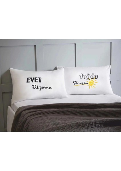 Evet Diyorum Doğdu Güneşim Pamuklu Çift Kişilik 50X70 cm Yastık Kılıfı Seti