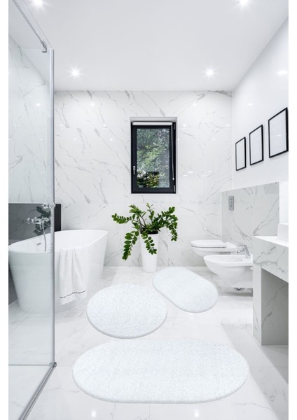 3'lü Banyo Halısı Paspası Peluş Klozet Takımı-Beyaz 60X90(ELİPS)-50X60(ELİPS)-60X60(YUVARLAK)