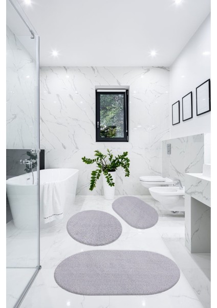 3'lü Banyo Halısı Paspası Peluş Klozet Takımı-Açık Gri 60X90(ELİPS)-50X60(ELİPS)-60X60(YVRLK)