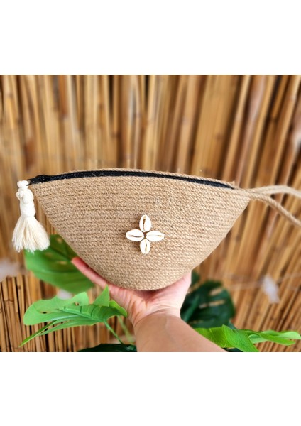 El Yapımı Hasır Püsküllü Fermuarlı Minibag, El Çantası, Mini Çanta indirimleri