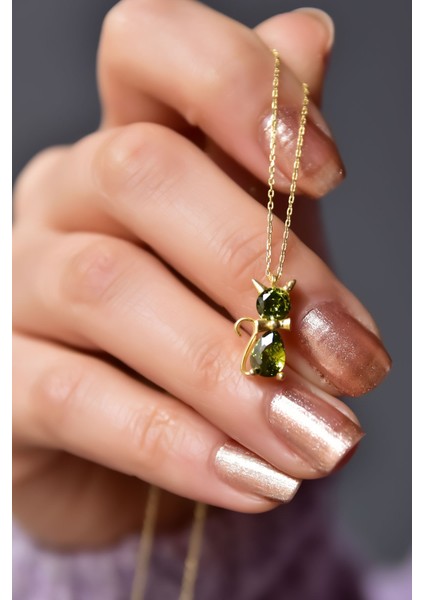 925 Ayar Gümüş Gold Kaplama Ağustos Ayı Doğum Taşlı Kedi Kolye