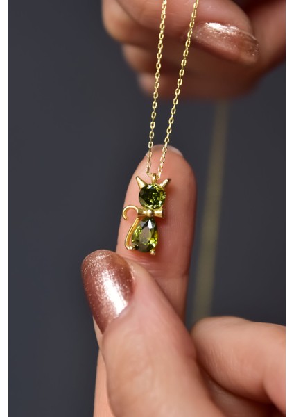 925 Ayar Gümüş Gold Kaplama Ağustos Ayı Doğum Taşlı Kedi Kolye fiyatları