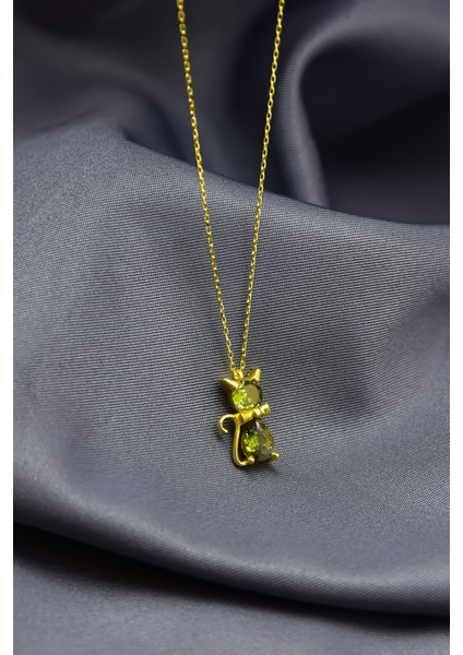 925 Ayar Gümüş Gold Kaplama Ağustos Ayı Doğum Taşlı Kedi Kolye modelleri