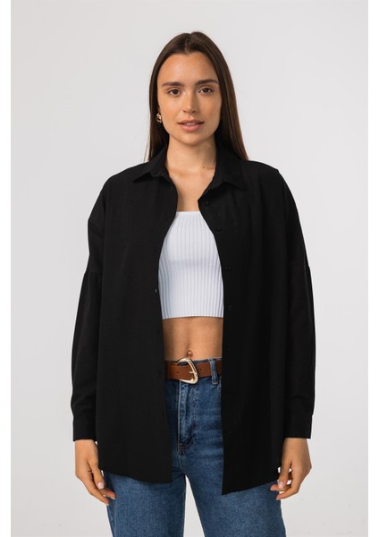 Oversize Uzun Basic Siyah Kadın Gömlek
