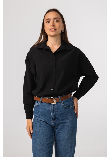 Oversize Uzun Basic Siyah Kadın Gömlek