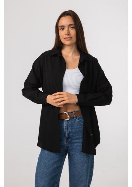 Oversize Uzun Basic Siyah Kadın Gömlek