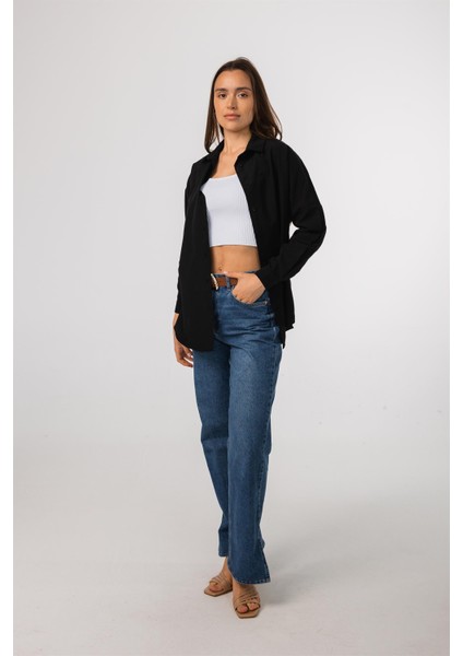 Oversize Uzun Basic Siyah Kadın Gömlek