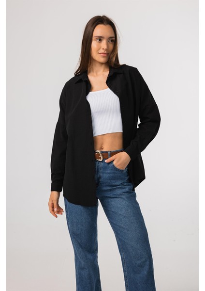 Oversize Uzun Basic Siyah Kadın Gömlek