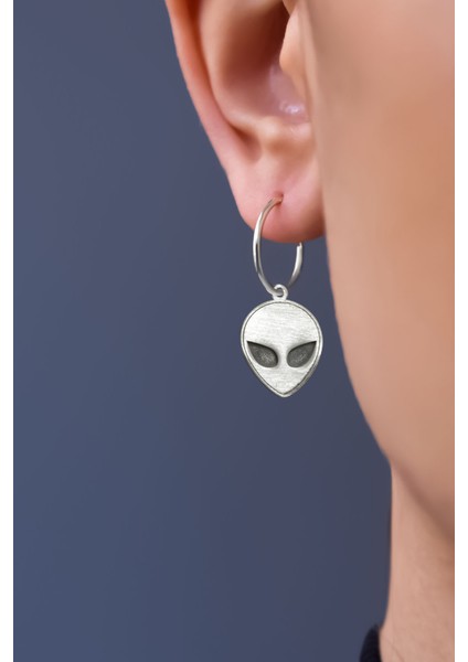 925 Ayar Gümüş Rodyum Kaplama Uzaylı, Alien Halka Küpe