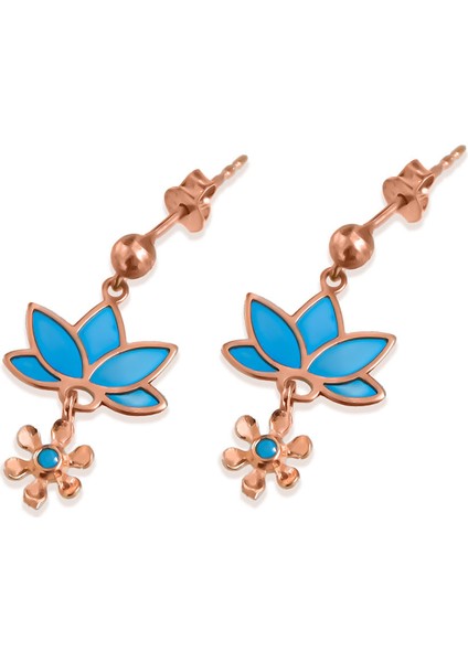 925 Ayar Gümüş Rose Kaplama Parlayan Rüya Serisi Ebruli Cam Boyalı Mavi Lotus, Papatya Küpe