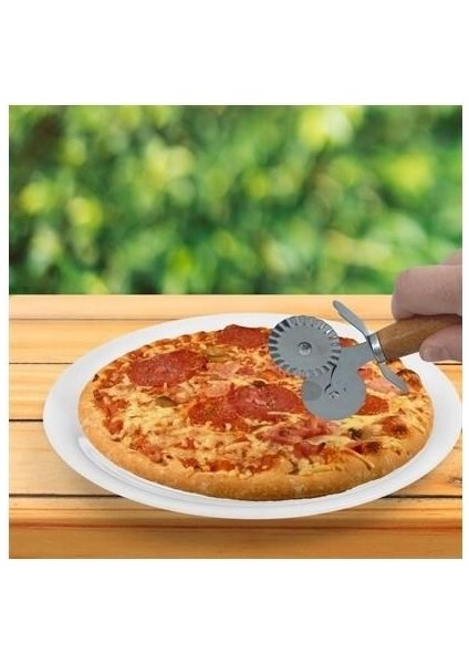 Çift Başlı Ahşap Saplı Pizza Kesici Paslanmaz Çelik Lüx Metal Hamur Kesici Hamur Pizza Kesici fırsatları