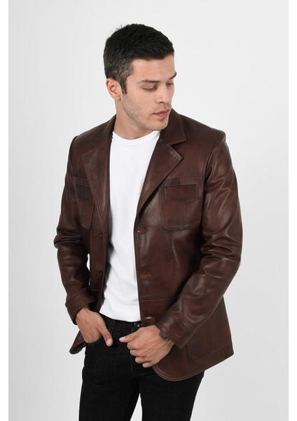 Martell Hakiki Deri Wax Kahve Fit Blazer Ceket Erkek
