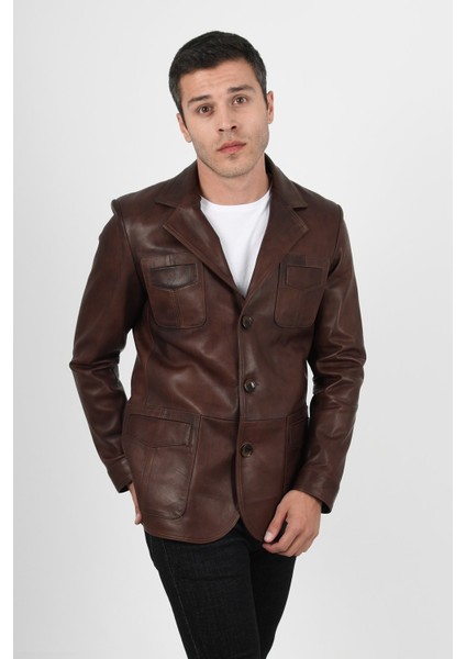 Martell Hakiki Deri Wax Kahve Fit Blazer Ceket Erkek fırsatları