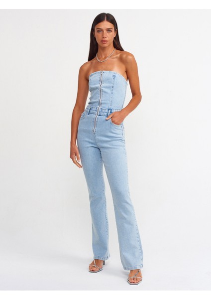 70848 Kar Yıkama Straplez Denim Tulum-Mavi