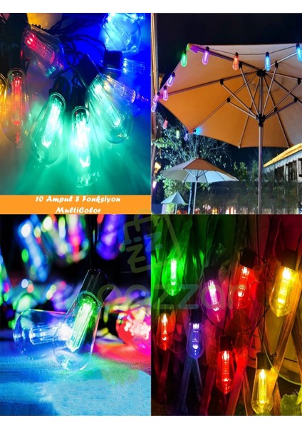 10'lu Multibulb Ampul 8 Fonksiyonlu Festival Kamp Bahçe Solar Panelli LED Işık Dizeleri Multicolor