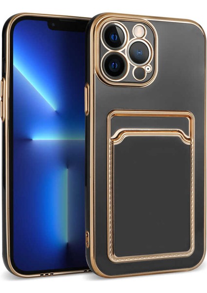 Apple iPhone 12 Pro Max Kılıf Kenarı Gold Renkli Silikon Bark Kapak Kartlıklı Kapak