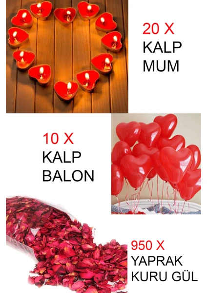 Cennet Store 20 Ad. Kalpli Mum ve 10 Ad. Kalp Balon 950 Yaprak Kurutulmuş Gül Mum Evlilik Teklifi Özelgün Sevgili