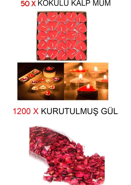 Cennet Store 50 Adet Kırmızı Kalpli Mum ve 1 Paket Gerçek Kurutulmuş Gül Mum Evlilik Teklifi Özel Gün Sevgili