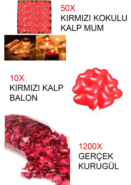 Cennet Store 50 Kalpli Mum ve 10 Ad. Kalp Balon 1200 Yaprak Kurutulmuş Gül Mum Evlilik Teklifi Özel Gün Sevgili