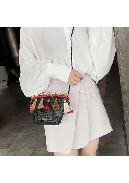 1 Adet Kadın Omuz Crossbody Çanta Püskül Hasır Fermuar Cep Telefonu Para Için (Yurt Dışından) modelleri