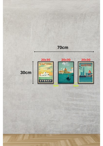 Dekoratif Şehir Tabloları 3'lü Set & Setli Şehir Tabloları Çerçeveli BTDNKM1