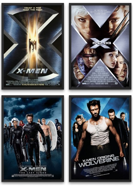 X-Men 1, 2, 3 ve 4, 4'lü Set Çerçeveli Duvar Tabloları, Marvel, Dizi Film K.