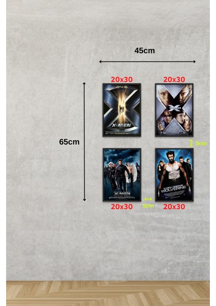 X-Men 1, 2, 3 ve 4, 4'lü Set Çerçeveli Duvar Tabloları, Marvel, Dizi Film K.