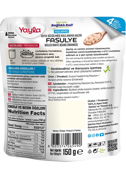 Haşlanmış Suyu Süzülmüş Fasulye 150 g