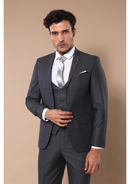 Düz Slim Fit Yelekli Füme Takım Elbise Wessi