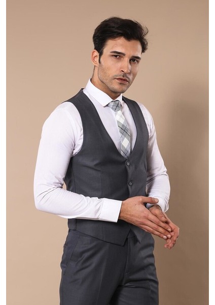 Düz Slim Fit Yelekli Füme Takım Elbise Wessi fırsatları