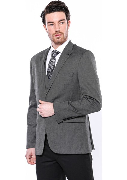 Kendinden Desenli Slim Fit Füme Erkek Ceket