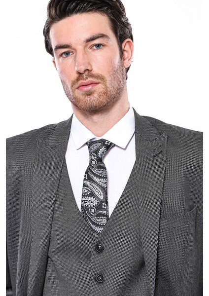 Kendinden Desenli Slim Fit Füme Erkek Ceket