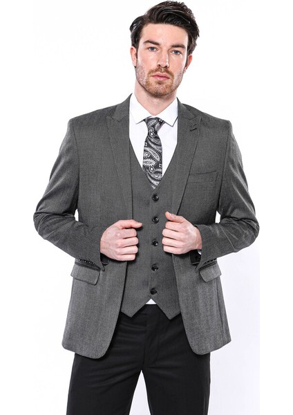 Kendinden Desenli Slim Fit Füme Erkek Ceket