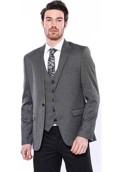 Kendinden Desenli Slim Fit Füme Erkek Ceket