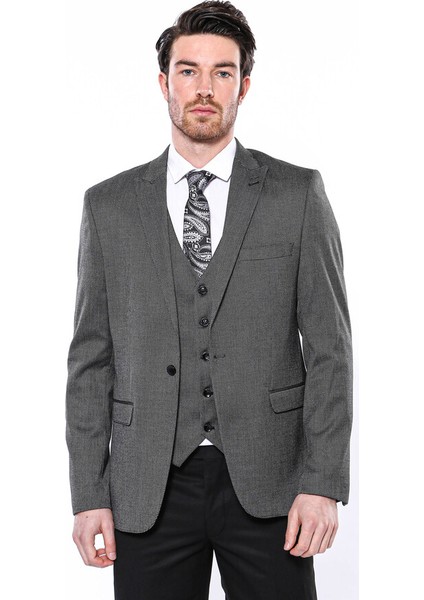 Kendinden Desenli Slim Fit Füme Erkek Ceket