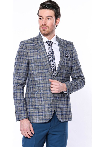 Ekose Slim Fit Tek Düğme Lacivert Erkek Ceket