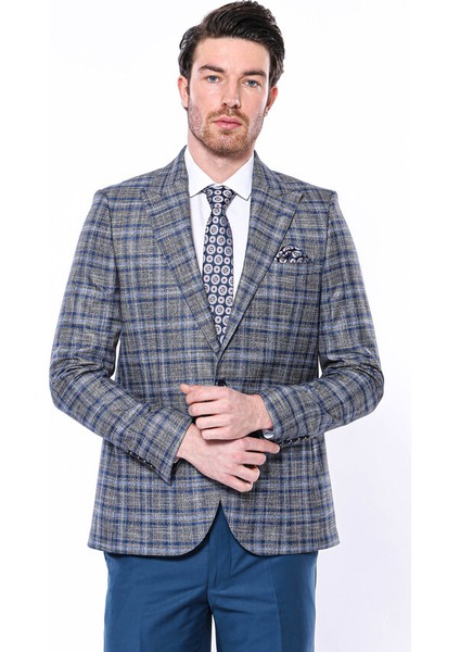 Ekose Slim Fit Tek Düğme Lacivert Erkek Ceket modelleri