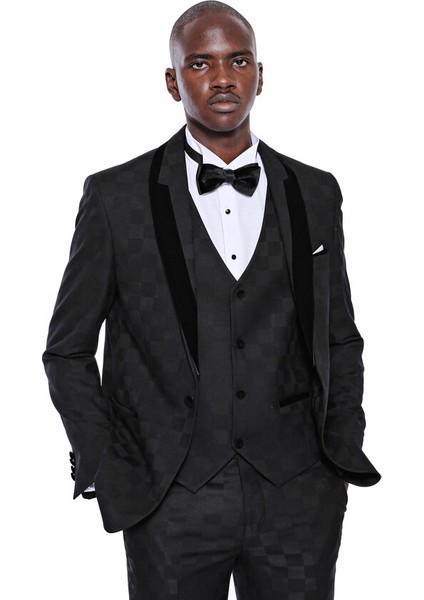 Kareli Slim Fit Siyah Erkek Damatlık