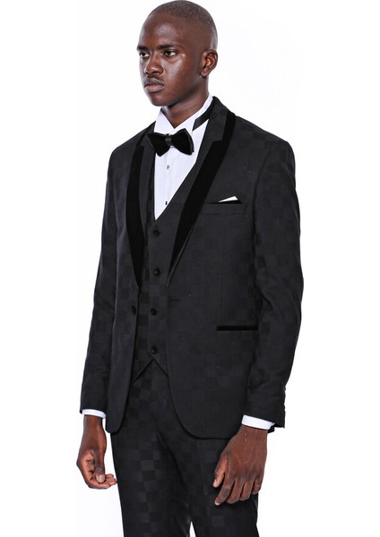 Kareli Slim Fit Siyah Erkek Damatlık indirimleri