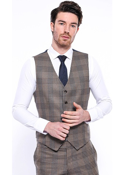 Kareli Kahverengi Tek Yelek Wessi