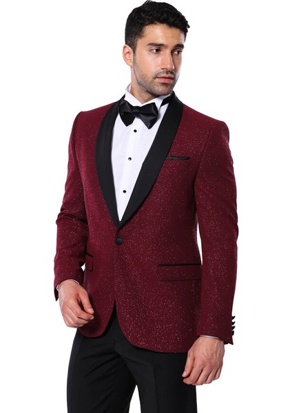 Bordo Şal Yaka Simli Smokin Ceket Wessi