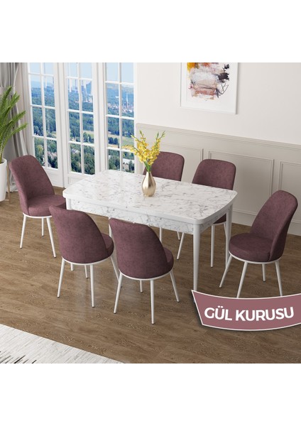 Concept Zen Serisi Açılabilir Beyaz Mermer Desen Mdf 80X132 Mutfak Masası Takımı 6 Sandalye