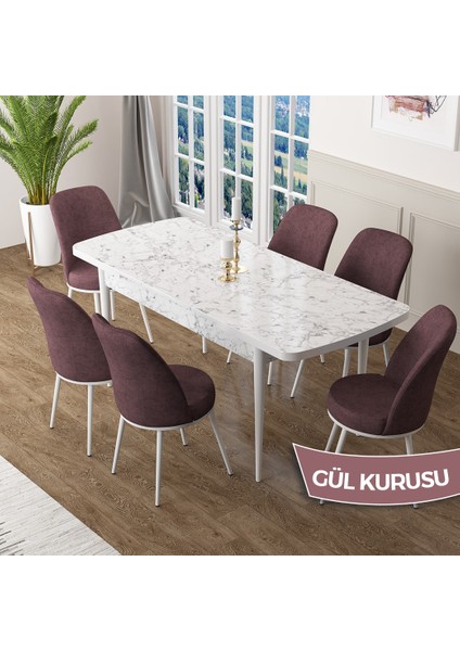 Concept Zen Serisi Açılabilir Beyaz Mermer Desen Mdf 80X132 Mutfak Masası Takımı 6 Sandalye fiyatları