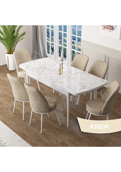 Concept Zen Serisi Açılabilir Beyaz Mermer Desen Mdf 80X132 Mutfak Masası Takımı 6 Sandalye fiyatları