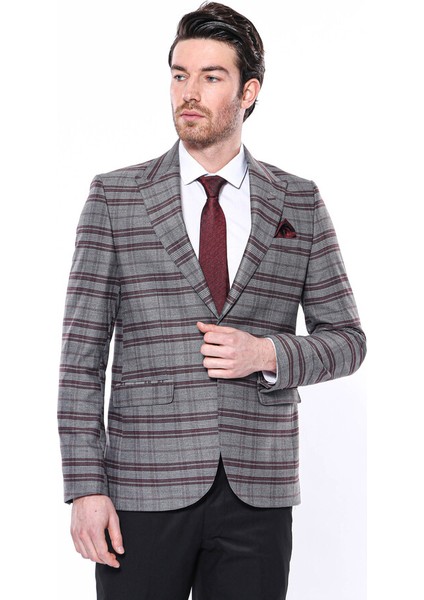 Ekose Desenli Slim Fit Bordo Erkek Ceket
