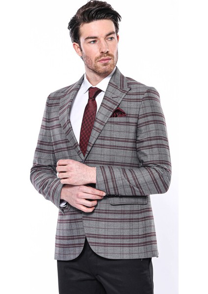 Ekose Desenli Slim Fit Bordo Erkek Ceket modelleri