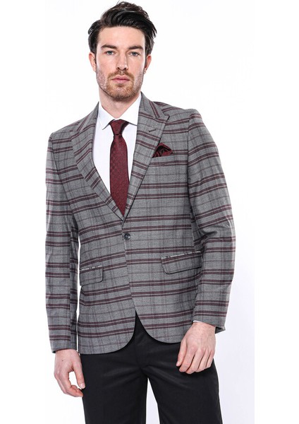 Ekose Desenli Slim Fit Bordo Erkek Ceket fırsatları