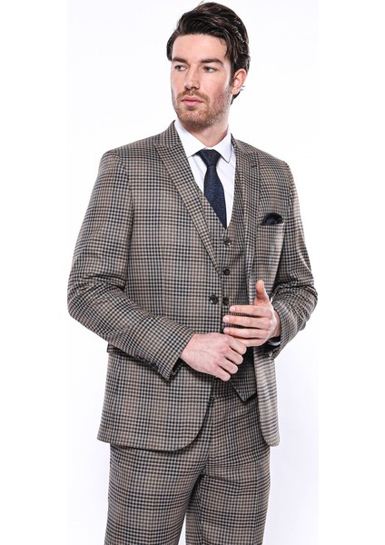 Kare Desenli Slim Fit Kahverengi Erkek Ceket
