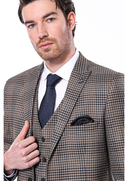 Kare Desenli Slim Fit Kahverengi Erkek Ceket