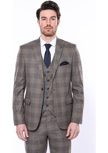 Kare Desenli Slim Fit Kahverengi Erkek Ceket